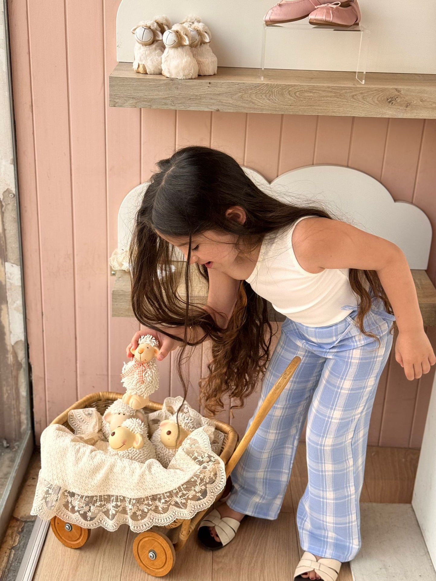 מכנס משבצות כחול עם קשירה במותניים