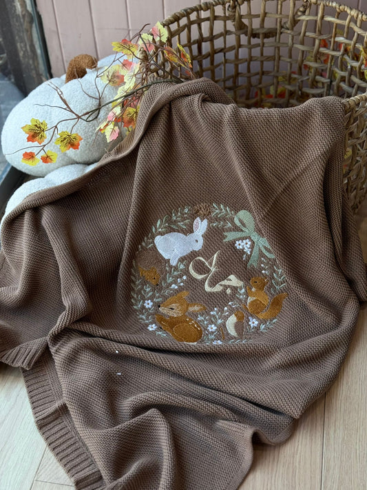 שמיכה סרוגה רקמה חיות סתיו